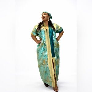 Vibrant Teal and Gold Kaftan Dress